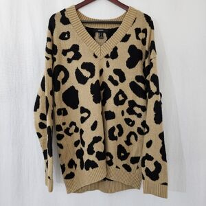 Forever 21 V-Neck Sweater in Black & Tan Cheetah Print Women’s Size L